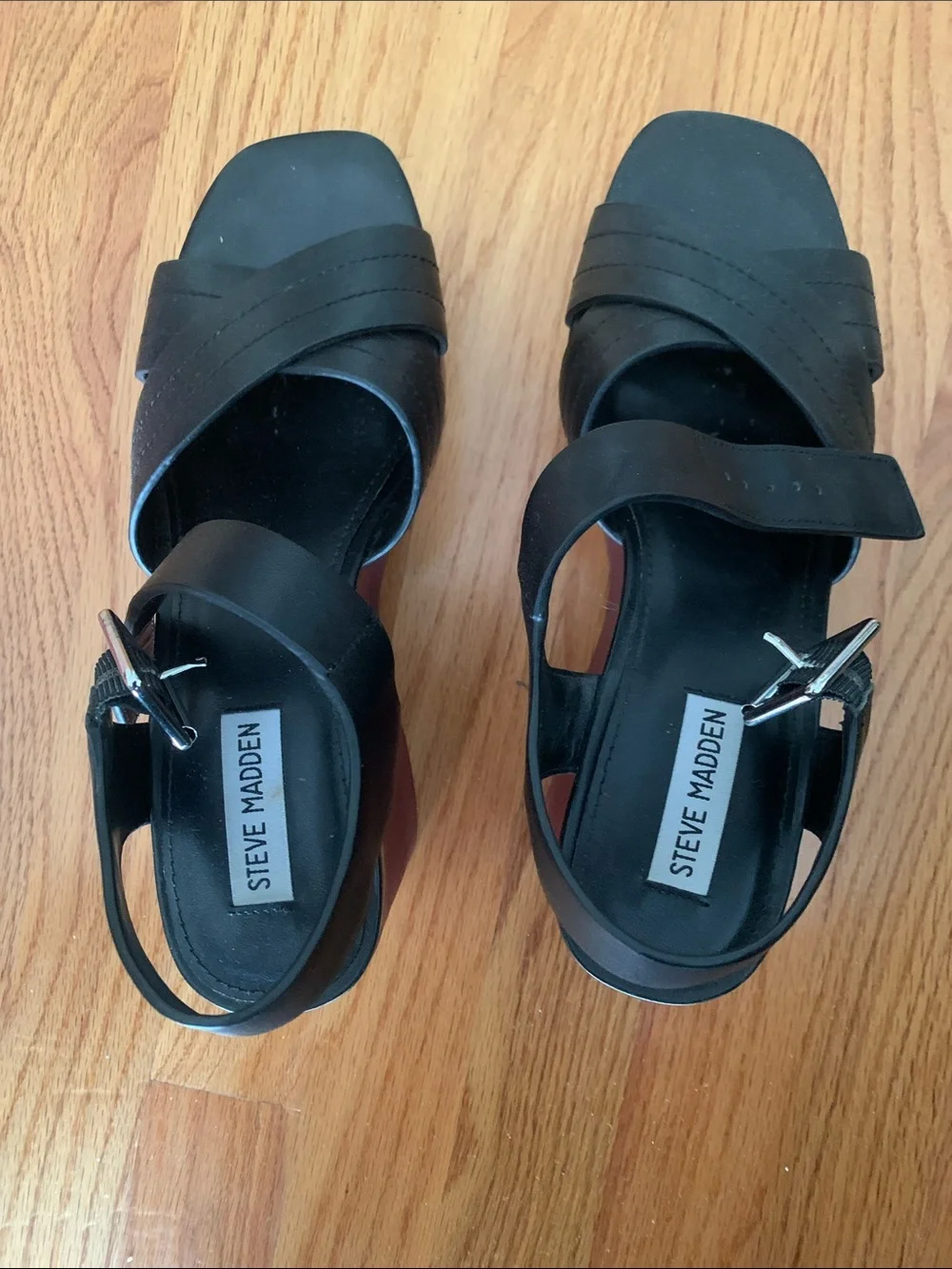 Steve Madden Black Cross-Strap Block Heel Sandals